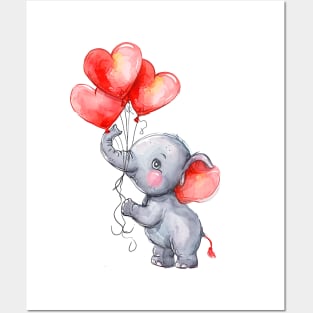 Valentine Elephant Holding Heart Shaped Balloons Posters and Art